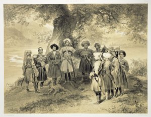 1847〜1847年、パリのアルフレッドレオンルメルシエによって出版されたアドルフムイエロン（1820〜81年）によって彫刻されたコーカサスの本からのプレート3、黒海のチェッケス王子、ソジャバレーの再会 作： Grigori Grigorevich Gagarin